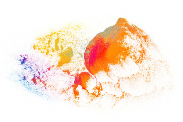 Colorful abstract chemical powder paint mixture and splatter on white background. Isolated multicolored paint explosion and textured dust partices. Creative and contemporary colored explosion concept. - Fotografie, Obrázek