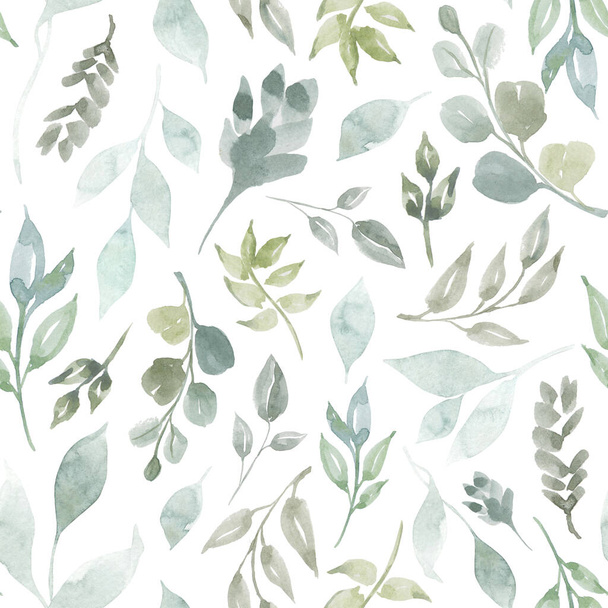 Christmas seamless pattern with green leaves, eucalyptus and blue berries. Hand made illustration. New year on white background. for textile, greeting cards,wallpaper, wrapping papers, holiday. - Foto, Bild