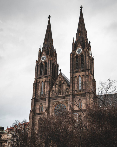 A scenic shot of the Church of Saint Ludmila in Prague, Czech Republic, on a moody day - Fotoğraf, Görsel