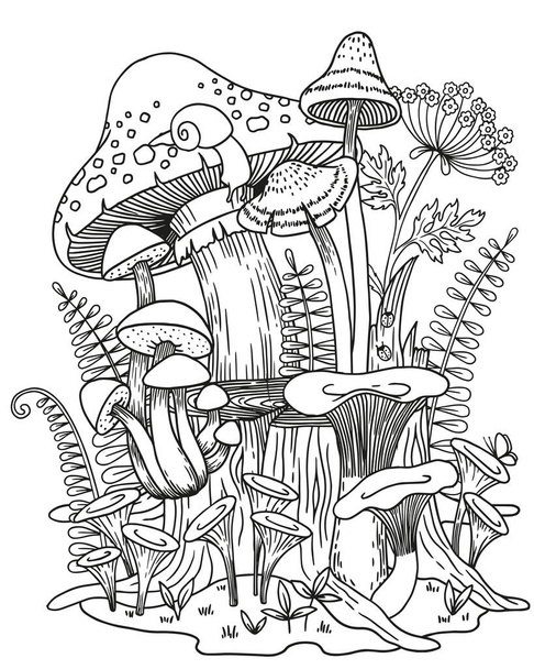 Difers paddenstoelen groeien op de stronk en rond naast wilde bloemen. Vector kleurplaat - Vector, afbeelding