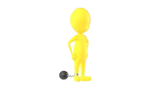 3d yellow character , leg tied to a weight - 3d rendering - Photo, Image