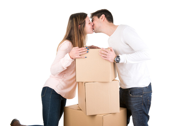 Happy couple with boxes - Foto, Imagem