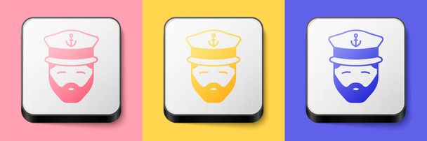 Isometric Captain of ship icon isolated on pink, yellow and blue background. Travel tourism nautical transport. Voyage passenger ship, cruise liner. Square button. Vector - Vector, Image