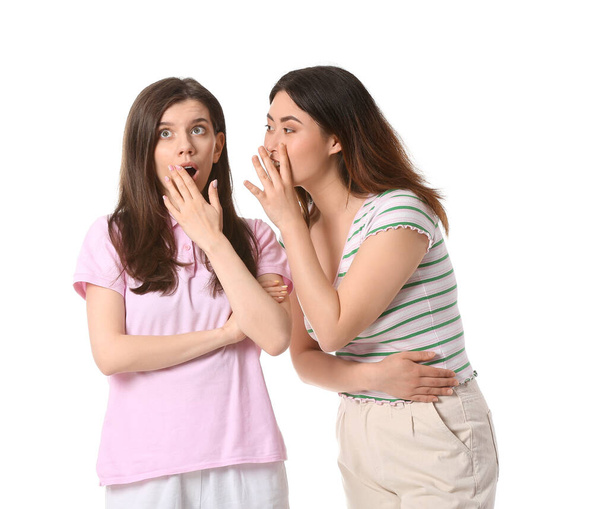 Young gossiping women on white background - Valokuva, kuva