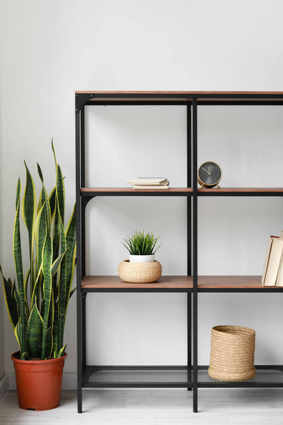 Black shelving unit with books, houseplants and organizers near light wall - Foto, imagen
