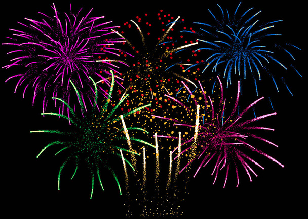 Beautiful fireworks with shining sparks at night sky. Vector illustration - Vector, Image