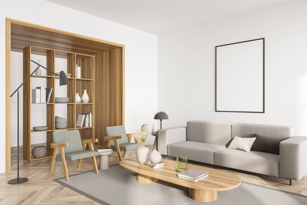 Relaxing room interior with couch and two armchairs on parquet floor with wooden coffee table, side view, shelf rack with books and decoration. Blank canvas mock up on white wall, 3D rendering - Foto, Imagen