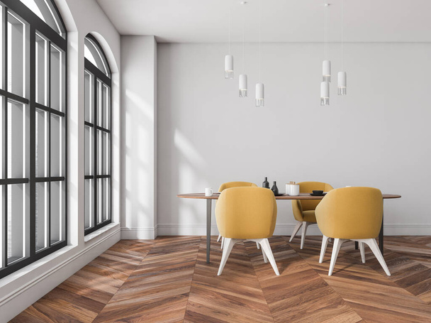 Eating interior with four chairs and wooden table with dishes, panoramic window. Guest room with parquet floor and minimalist furniture in light hall, 3D rendering - Fotografie, Obrázek