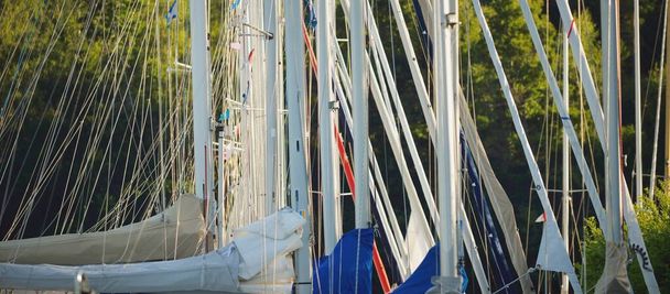 Elegant and modern sailboats moored to a pier in a yacht marina. Summer vacations, tourism, yachting, recreation, sport, leisure activity, racing, regatta, lifestyle - Photo, Image