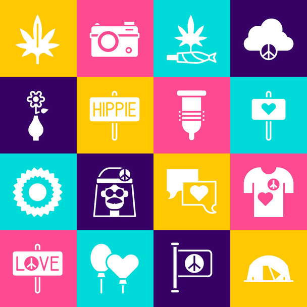 Set Tourist tent, Peace t-shirt print stamp, Marijuana joint, spliff, Flower vase, and Condom icon. Vector - Vecteur, image