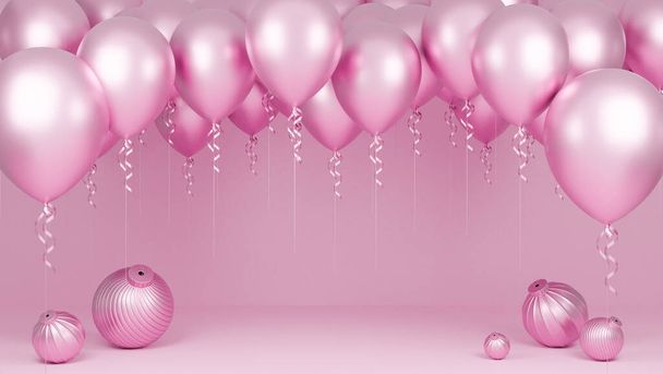 Ballons roses flottant avec podium et ornement en fond pastel rose., fête d'anniversaire et concept de nouvelle année., Modèle 3D et illustration. - Photo, image