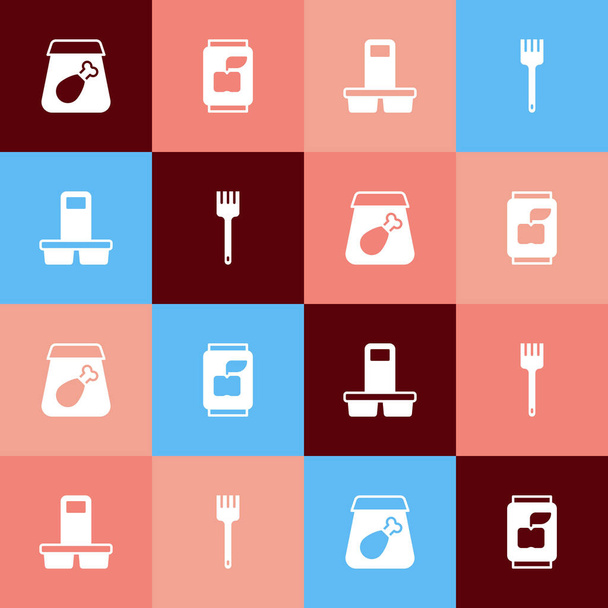 Set pop art Online encargando comida, lata de refrescos, taza de café para llevar e icono de tenedor. Vector - Vector, imagen