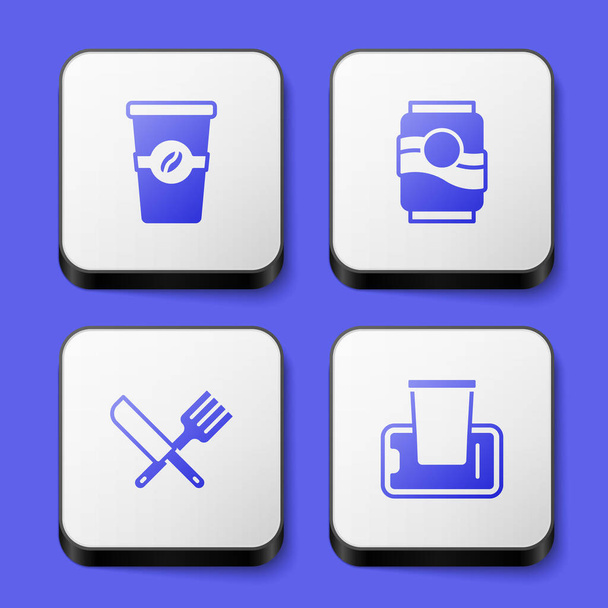 Set taza de café para llevar, lata de refrescos, cuchillo cruzado y tenedor y comida ordenando en el icono móvil. Botón cuadrado blanco. Vector - Vector, imagen