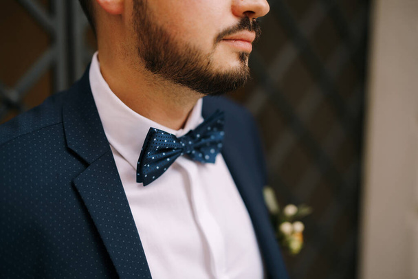 Bräutigam im blauen Tupfen-Anzug, weißem Hemd und Fliege. Nahaufnahme - Foto, Bild