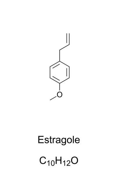 エストラゴール化学式と構造。また、 p-アリルアニソール（p-アリルアニソール）またはメチルシャビコル（英語版）は、ターペンチン（松油） 、アニス、フェンネル、ベイ、タラゴン、バジルの成分である。香料の調製に使用. - ベクター画像