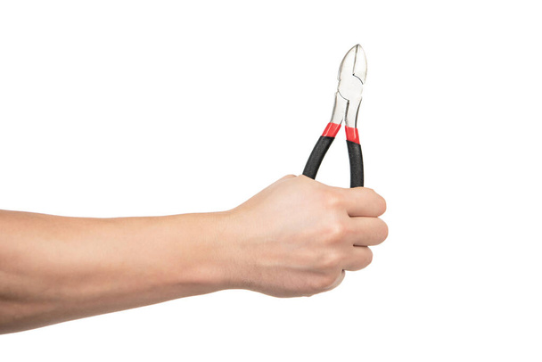 χέρι με τσιμπίδα εργαλείο επισκευής που απομονώνονται σε λευκό, επισκευή - Φωτογραφία, εικόνα