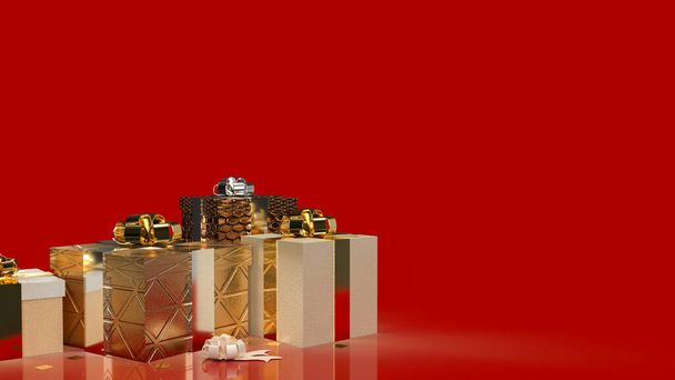 Gold Geschenkbox auf rotem Hintergrund für Feier oder Urlaub Konzept 3D-Rendering - Foto, Bild