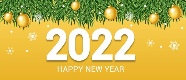 Hyvää uutta vuotta 2022 kortti kultainen lumihiutaleet, pallot, konfetti ja joulukuusi oksat. Hyvää uutta vuotta. Luksusjuhlamalli. Juliste teksti ja sisustus kullalla taustalla. Vektorikuvaus EPS 10 - Vektori, kuva
