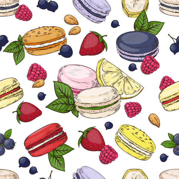 Párizsi macaron minta. Zökkenőmentes nyomtatás színes francia desszerttel, mandulaliszttel és különböző ízekkel. Gyümölcsök és bogyók. Finom sütik. Vektor kézzel húzott cukrászati textúra - Vektor, kép