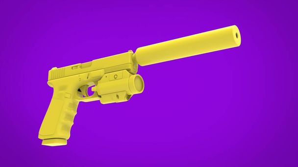 Φωτεινό κίτρινο όπλο με σιγαστήρα και χαμηλότερη προσάρτηση σε μωβ φόντο - Φωτογραφία, εικόνα