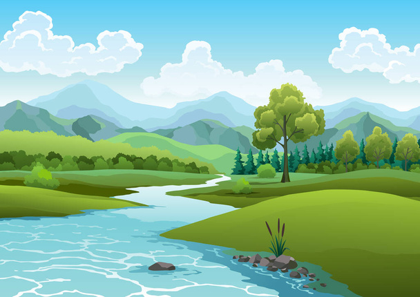Пейзаж с рекой, протекающей через холмы, живописные зеленые поля, лес и горы. Сцена с берегом реки, тростниковой тростью, голубой водой, зеленым холмом, травой и облаками на небе - Вектор,изображение