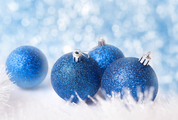 Glitter Christmas Decorations. Blue Balls and Bokeh Background - Fotografie, Obrázek