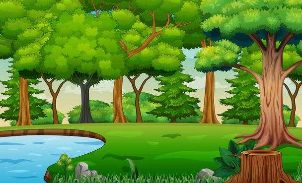 Hintergrundszene mit Bäumen und einem Teich - Vektor, Bild