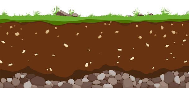 Maakerrosten pintahorisontit. Maan rakenne orgaanisen aineen ja kivien seoksella. Tasainen sarjakuva paleontologinen tausta. Ohjeellinen geologia - Vektori, kuva