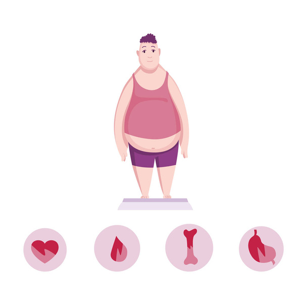 Fats πρόβλημα πανό. Υπέρβαρο, καρδιακές παθήσεις, ηπατική ανεπάρκεια. Ευαίσθητα οστά και ο κίνδυνος ανάπτυξης διαβήτη. Πρόβλημα υγείας παχυσαρκίας, υψηλή αρτηριακή πίεση, μεταφορές παθητικού τρόπου ζωής - Διάνυσμα, εικόνα