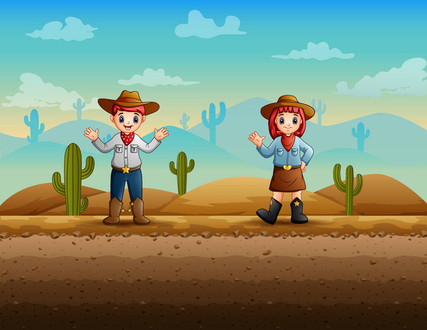 Γελοιογραφία ένας καουμπόι και καουμπόισσα κουνώντας το χέρι στην έρημο - Διάνυσμα, εικόνα