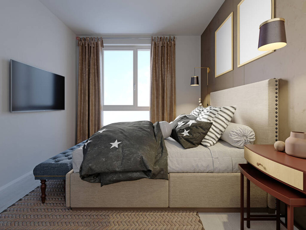 Petite chambre avec un lit en tissu et un mur brun à la tête de lit avec un banc matelassé et une belle couette colorée et des oreillers. Rendu 3d. - Photo, image