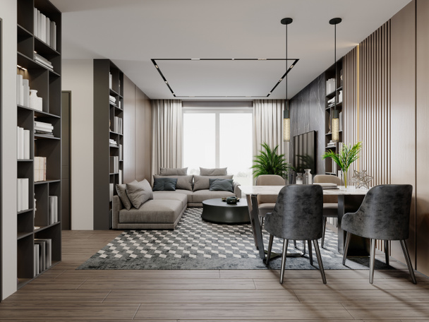 Modern studio living room with dining table and corner sofa in brown and beige colors with black marble wall with wood planks with bookcases. 3d rendering. - Photo, Image