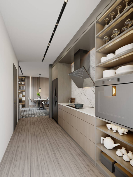 Intérieur de cuisine étroite avec meubles de cuisine avec étagères et décoration en brun et beige. Rendu 3d. - Photo, image