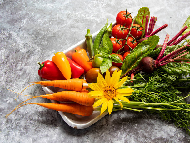 fresh raw vegetables cherry tomatoes bell peppers carrots beets okra top view - Foto, imagen