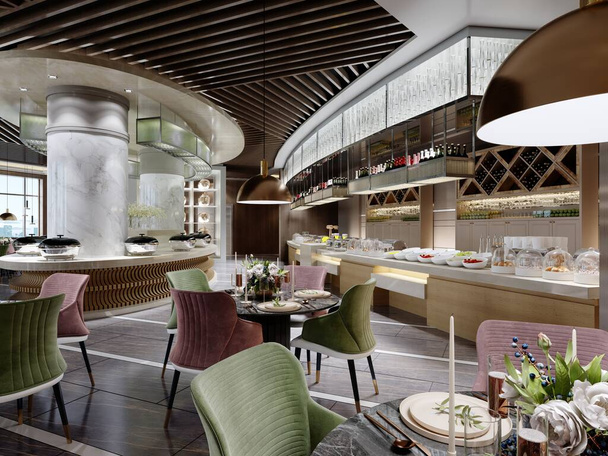 svédasztalos étterem design modern stílusban, pultokkal és különböző ételekkel az asztalokon. 3D renderelés. - Fotó, kép