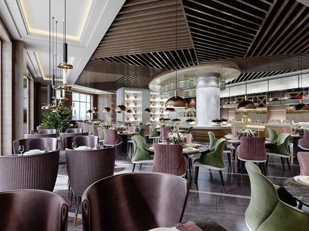 Ein schickes Restaurant mit modernem Design und trendigen Möbeln in grünen und weinroten Farben mit schwarzem Boden und weißen Säulen. 3D-Rendering. - Foto, Bild