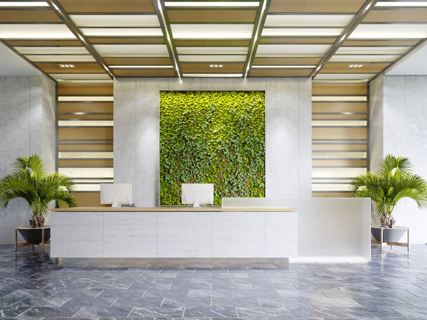 Fehér recepciós pult egy irodaépületben zöld fallal, megvilágított faburkolattal és virágcserépekkel. 3D renderelés. - Fotó, kép