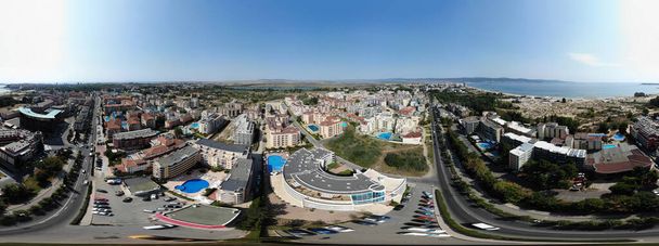 Aerial 360 Degree full sphere Panoramic photo view of the beach front on the beach of Sunny Beach in Bulgaria showing the beautiful view of the coastline and golden sandy beaches and ocean. - Photo, Image