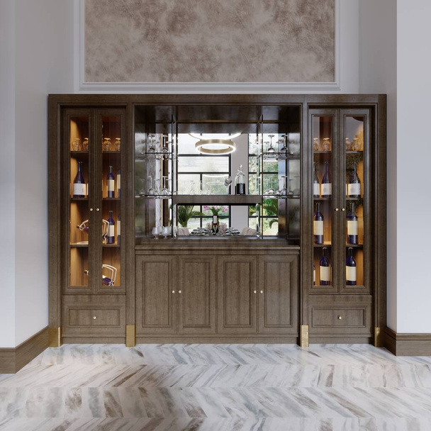 Wooden wine cabinet with shelves for crystal glassware and a mirror in a luxurious interior. 3D rendering. - 写真・画像