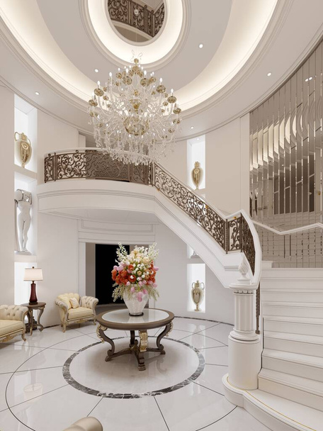 Centralne okrągłe foyer we wnętrzu jest klasyczne w stylu ze spiralnymi schodami i kutego żelaza balustrady i część wypoczynkową z miękkimi fotelami i białe ściany z klasycznym wystrojem. Renderowanie 3D.  - Zdjęcie, obraz
