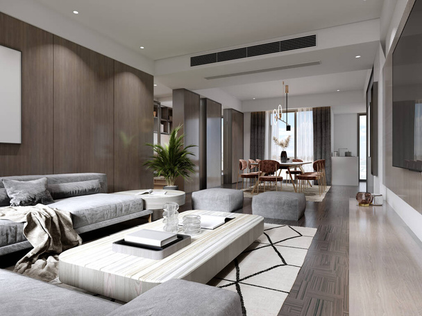 Sala de estar contemporánea con paneles de madera en las paredes y listones de madera con sofá de esquina gris y otomanas cuadradas. Renderizado 3D. - Foto, imagen