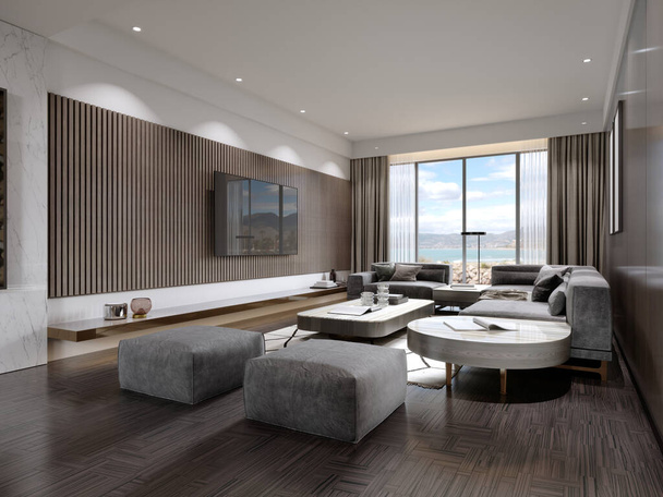 Současný obývací pokoj s dřevěným obložením na stěnách a dřevěné lamely s šedou rohovou pohovkou a čtvercovými otomany. 3D vykreslování. - Fotografie, Obrázek