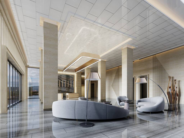 Waiting area in the foyer with a semicircular gray sofa and armchairs with a curved floor lamp in the interior with yellow marble with columns and high ceilings. 3D rendering. - Photo, Image