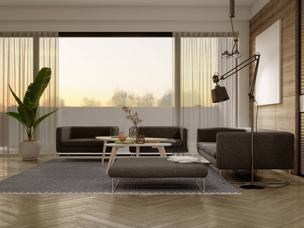 Sala de estar de estilo contemporáneo interior de noche con pared de panel de madera con foto y muebles de moda. Renderizado 3D. - Foto, Imagen