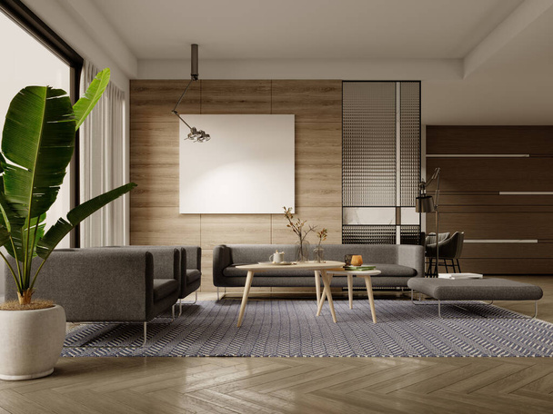 Ahşap panelli duvarlı ve şık mobilyalı çağdaş tarz oturma odası iç mimarisi. 3B görüntüleme. - Fotoğraf, Görsel