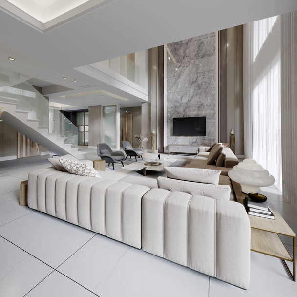 TV e área de relaxamento em um grande interior luxuoso com um sofá de canto elegante e duas poltronas de designer. Renderização 3d. - Foto, Imagem