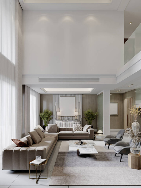 Modernes Wohnzimmer in hellen Farben mit hohen Decken und trendigen zeitgenössischen Möbeln. 3D-Darstellung. - Foto, Bild