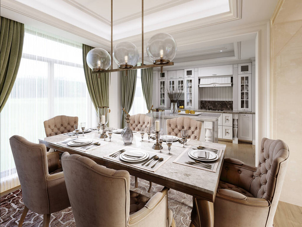 Cucina classica sala da pranzo con tavolo da pranzo e mobili da cucina bianchi. rendering 3d. - Foto, immagini