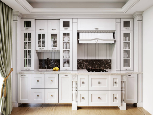 Piccola cucina con mobili da cucina bianchi in stile classico. rendering 3d. - Foto, immagini