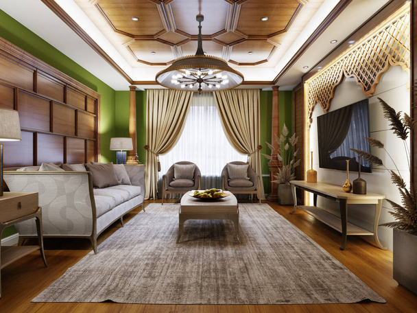 Salon w nowoczesnym orientalnym stylu z zielonymi ścianami i drewnianymi meblami i arabskim stylu wystroju. 3d renderowanie. - Zdjęcie, obraz